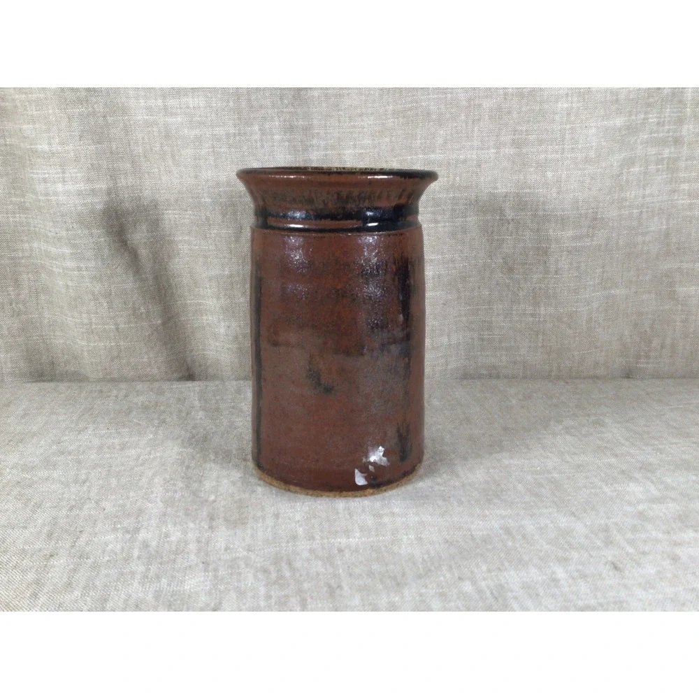 Vase Good Vintage Studio Pottery Brown White Drip Glaze Stoneware 7.5in